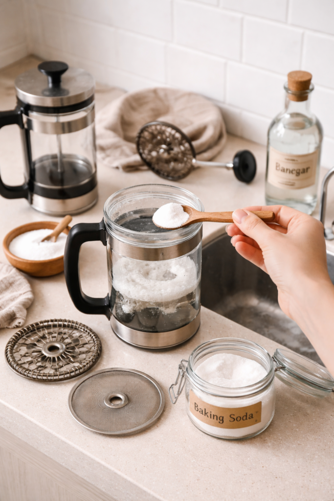 nettoyage french press bicarbonate entretien cafetiere piston