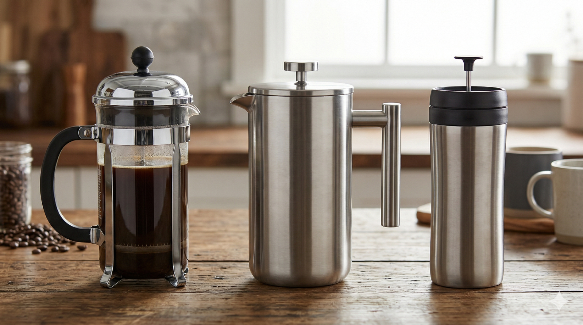 Trois cafetières à piston — verre, inox et voyage — posées sur un comptoir en bois