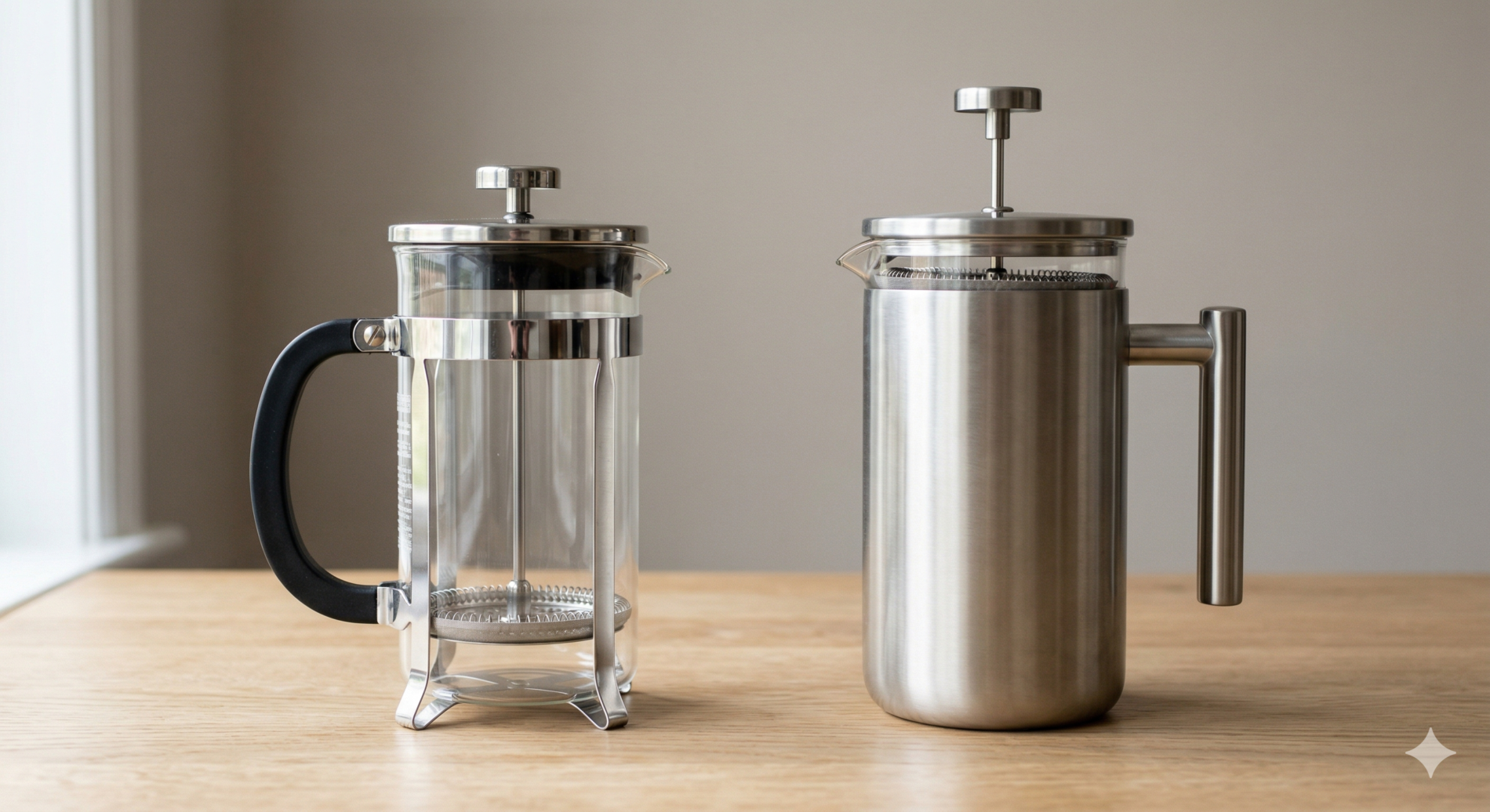 French Press en verre borosilicate à gauche, French Press en inox double paroi à droite, sur fond neutre